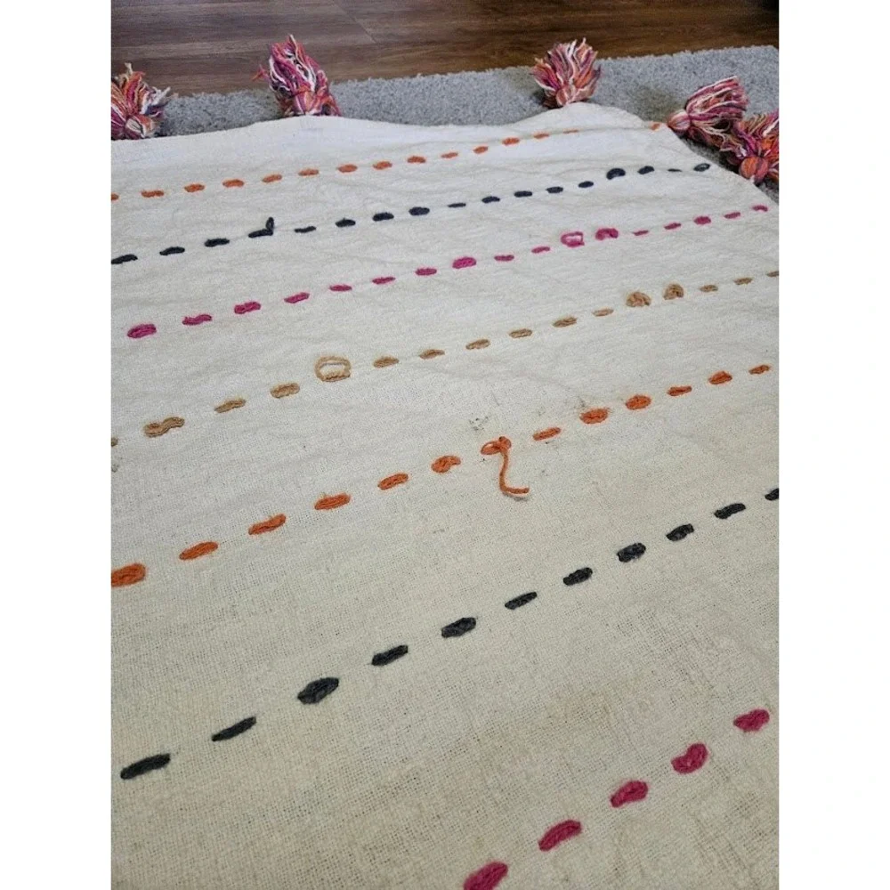 Boho Textured Woven Throw Blanket with Colorful Embroidery and Large Tassels